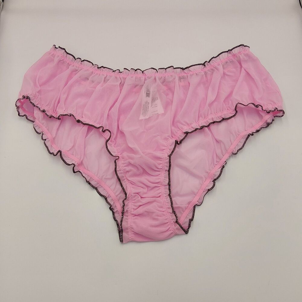 Victoria's Secret PINK Cheeky Panties XXL Pink Sheer Mesh Black Ruffle Trim